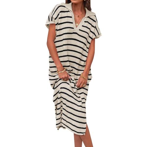 ZESICA Women's Summer Striped Midi Dress 2025 Casual Short Sleeve V Neck Loose Knitted Side Slit Long Sweater Dresses