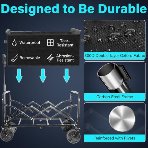 Wagons Carts Foldable, Collapsible Wagon with Wheels — Foldable Wagon for Groceries,Picnic,Beach,Camping, Small Hauls, Apartment Moving Storage, Portable Utility Folding Wagon Cart, ,Jet Black