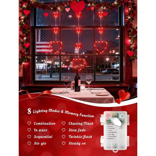 Valentines Day Window Lights, 65 LED 10 Red Heart Lights USB/Battery Operated, Timer Memory with 8 Modes Hanging Valentines Decorations Light for Valentine's Day Anniversary Wedding Decor