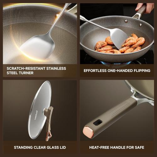 13 Inch Titanium Wok Pan with Lid - Non Stick Frying Pan, Extended Cool-Touch Handle, PFAS/PFOA/PTFE Free Flat Bottom Wok, Dishwasher Safe, Works on All Stovetops Including Induction
