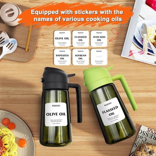 Oil Sprayer for Cooking, 2 in 1 Olive Oil Dispenser Bottle for Kitchen, 16oz/470ml Premium Glass, Food-grade Oil Mister for Air Fryer, Salad, Frying, BBQ (Black   Dark Green Bottle)