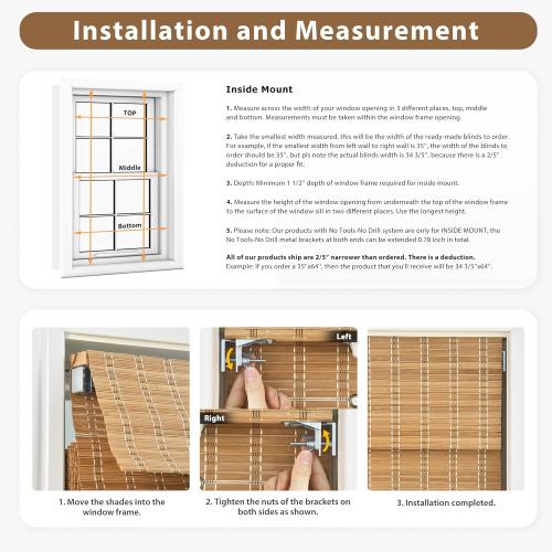 LazBlinds No Tools No Drill Cordless Bamboo Roman Shades, Light Filtering Window Treatment, Roll Up Bamboo Blinds for Windows 25'' W x 48'' H, Eastfield Teak