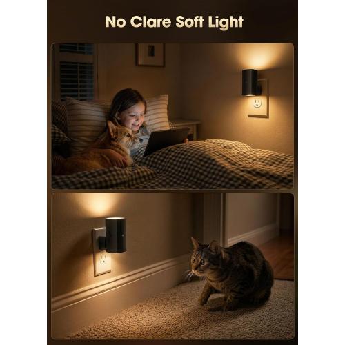 Brightown 2 Pack Black Night Lights with Rotating Plug, Soft White | Modern Night Light with Rotating Plug, Dusk to Dawn Sensor, 0-100LM Stepless Dimming Night Light for Hallway Bedroom Bathroom