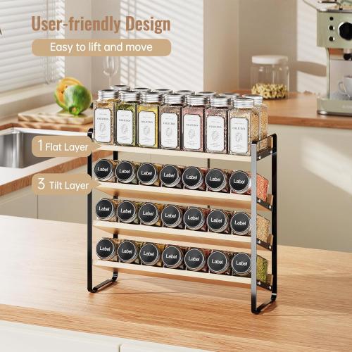 MUDEELA 4 Tier Spice Rack Organizer for Cabinet, Wooden Vertical Spice Shelf, Seasoning Organizer for Countertop, Kitchen, Pantry, Freestanding, 13.4 W × 11.2 H (No Jars Included), Black