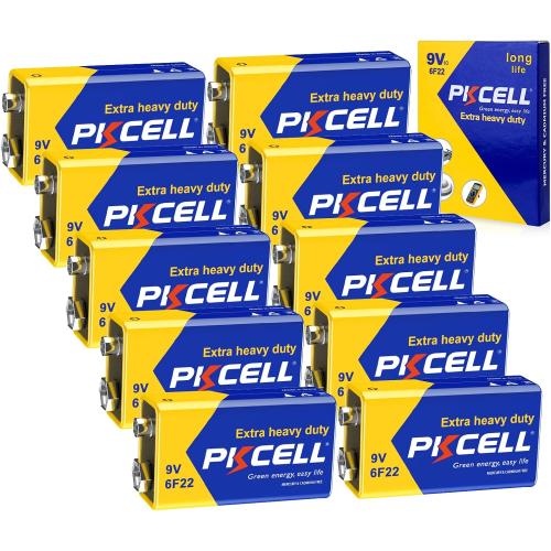 PKCELL 9V Batteries, 10 Pack 9 Volt Batteries Carbon Zinc, 9V Battery for Smoke Detector, Alarms, 6F22 Square Battery