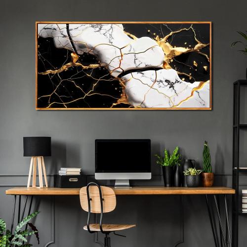 Abstract Wall Art for Bedroom, Black White and Gold Canvas Wall Decor for Living Room, Picture Print Artwork for Office, Size 48 x 24 Inches Framed