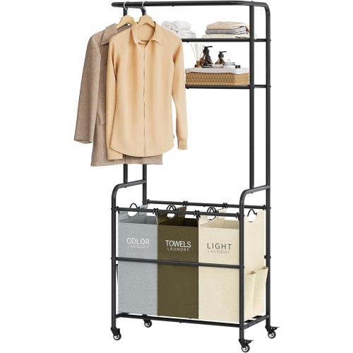 Laundry Sorter 3 Section,Laundry Hamper Cart with Hanging Rack & Removable Bags,Heavy Duty Laundry Basket Organizer with Wheels & 2 Tier Shelf,3 Colors
