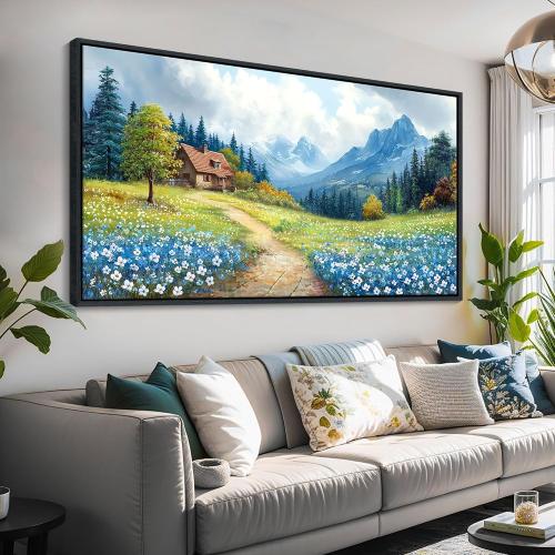 CHATYOUNG Large Mountains Wall Art, Rustic Blue Forest Wild Flowers Wall Picture Path Cottage Landscape Framed Wall Paintings for Living Room Bedroom kitchen Home Decor Gifts for Women 29X58