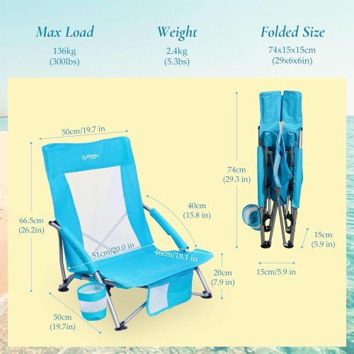 Low Folding Beach Chairs for Adults, Portable Lightweight Sling Beach Camping Chair with Cup Holder,Armrest,Foldable Camp Lawn Chair for Outdoor Sand Concert Travel Sport Events
