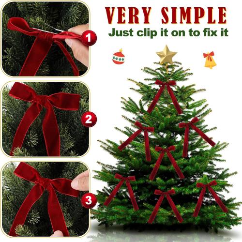16 Pcs Vintage Christmas Tree Red Bow Ornaments with Clip Burgundy Clip Velvet Bows Ribbon with Easy 5.1x7.1 Inch Pre-Tied Small Ornaments for Xmas Decorations Wreath Gift Indoor Outdoor