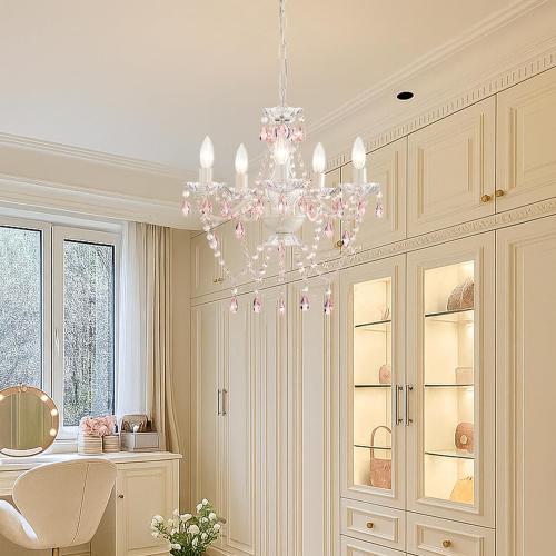 Small Pink and White Girls Bedroom Light – 5-Light Modern Acrylic Crystal Ceiling Fixture, Mini Chandelier for Kids Room, Dining Room, Living Room, Foyer