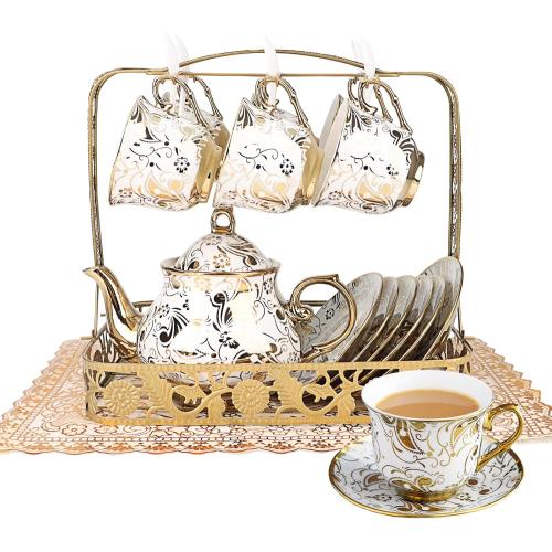 20 Pcs Porcelain Tea Set with Metal Holder,European Flower Adult Ceramic Tea Party Set for Women,1000ML Teapot, Beautiful Coffee Tea Cup Set for Home&Party(Gold)