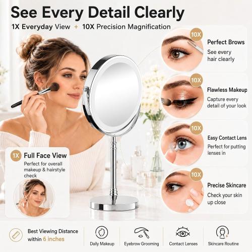 DEIOVWXS Makeup Mirror, Rechargeable Vanity Mirror with 3 Lights, 1X/10X
