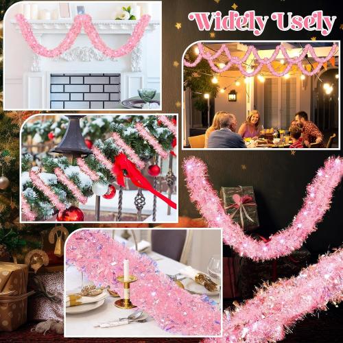 2 Pcs 32.8ft Christmas Tinsel Garland Decoration for Tree, Pink