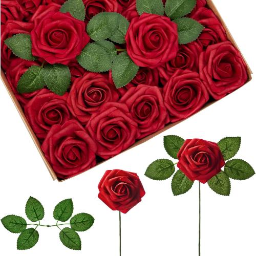 InnoGear Artificial Flowers, 50 Pcs Dark Red Foam Fake Roses Bulk with Stems for Decoration Celebration DIY Wedding Bouquets Centerpieces Bridal Shower Party Christmas Tree