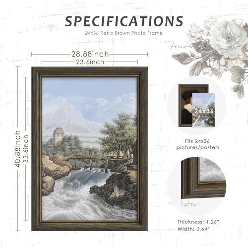 Picrit 24x36 Poster Frame, Vintage 24 x 36 Picture Frame, Retro Home Decor Wall Hanging Gallery Frames, Photo Frame for Horizontal or Vertical Wall Mounting, Brown and Gold