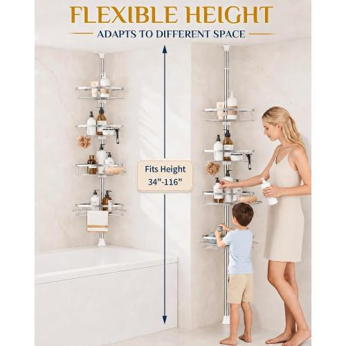 Rustproof Shower Corner Caddy Organizer for Bathroom, 4 Adjustable Shelves with Tension Pole, for Bathtub Shampoo Accessories Storage Holder, 34 to 116 Inch Height, Silver