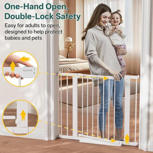 InnoTruth 27-36.6 in Wide Baby Gate for Stairs and Doorways, White | Indoor Metal Dog Gate for Pets, Auto Close 2 Way Swing Walk Through Door, Double Lock & Y-Bolts, Pressure or Hardware Mount