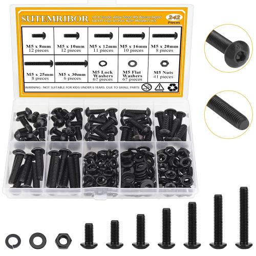 242 Pieces M5 Screws Nuts Washers Set Black, Sutemribor M5 x 8/10/12/16/20/25/30mm Button Head Socket Cap Screws Nuts Washers Assortment Kit, 10.9 Grade Alloy Steel, Fully Threaded