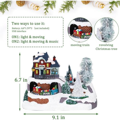 WONDER GARDEN Christmas Village Houses-Christmas Houses Village - Lighted Musical Railway Station Moving Train Town Sets with Revolving Acrylic Trees Animated Figurines for Indoor Decor or Gift