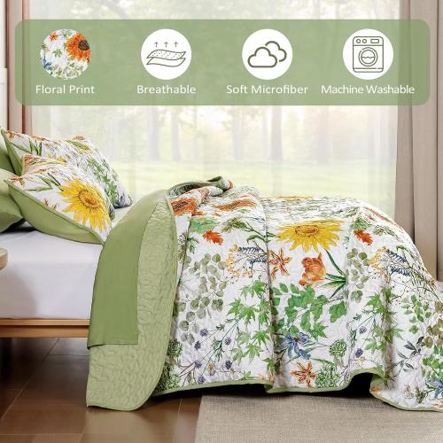 Yiran Floral Quilts ,Sunflower Botanical Bedspreads, Sage Green | Soft Lightweight Bedding Set, Microfiber Coverlet with 2 Pillow Shams, Summer Bed Sets for All Season