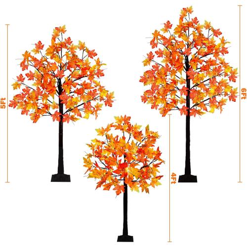 3 Pack Lighted Maple Tree, 4FT 5FT 6FT Artificial Fall Tree With 216 Lights and Timer for Autumn Home, Living Room, Patio, Porch, Garden, Wedding Indoor Outdoor Decor