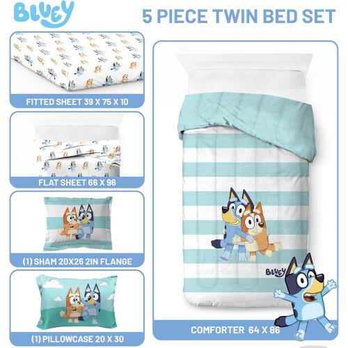 Jay Franco Bluey & Bingo 5 Piece Twin Size Bed Set - Includes Comforter & Sheet Set - Super Soft Kids Bedding Fade Resistant Microfiber (Official Bluey Product)