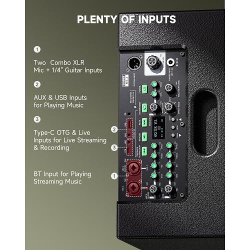 Black Donner MT-1 Portable PA System, 300W Wireless BT Speaker Sound Amplifier, 4-6h Outdoor Use, with Two 2.5 Trebles, 8 Woofer, Support TRS 6.35/USB/AUX/Mic Inputs