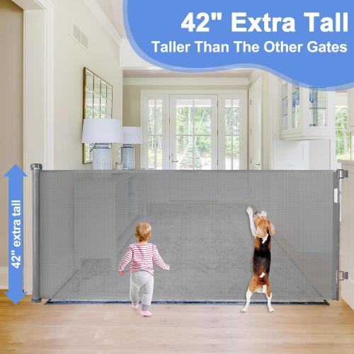 42 Inch Extra Tall Pet Gate for Stairs Prevent Kid/Pet from Jumping Over 115 Extra Long Baby Gates for Large Openings Wide Baby Gate for Doorway Retractable Tall Child Gates for Wide Openings, Gray