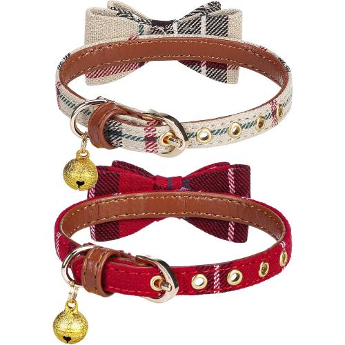 PUPTECK Puppy Collar with Bell XXS Dog Collar Charm Adjustable Bowtie Soft Leather for Cats Kittens Extra Small Dogs 2 Packs