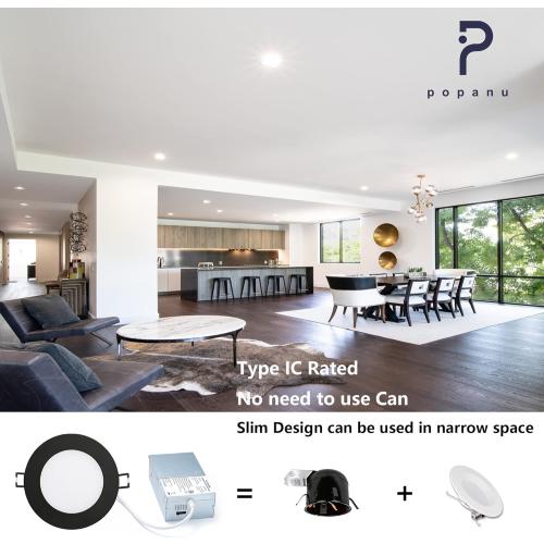 Premium LED-Canless Recessed Lighting 4-inch 5 CCT Adjustable Dimmable Recessed Downlight Fixture, Ceilling Light with Junction Box, 2700-5000K, 9W, Black Finish, 6 Pack