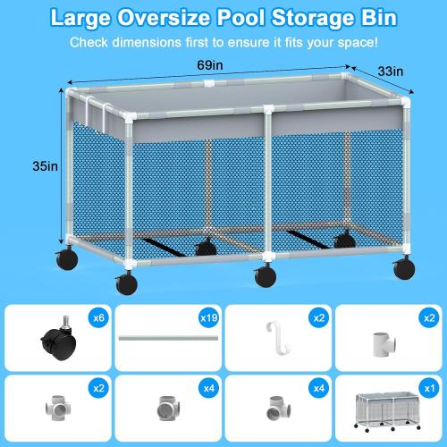 285 Gallon 69 Pool Float Storage – XXL Large Outdoor Pool Toy Storage Organizer for Pool Noodles, Toys, Floats, Equipment, Mesh Rolling Pool float Holder for Swimming Accessories, 69Lx33Wx35H Inch