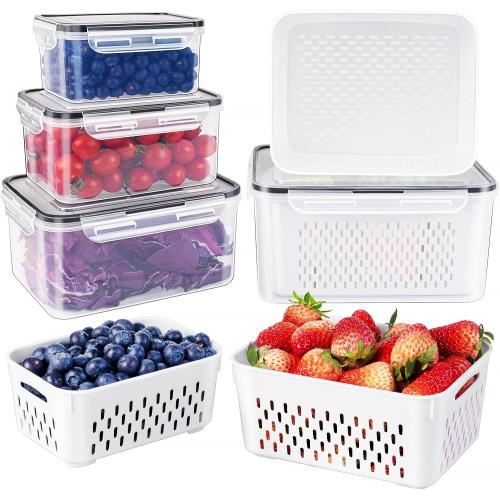 Fruit Storage Containers for Fridge with Removable Colander 4 PCS | Airtight Food Storage Container Dishwasher Safe Produce Saver for Refrigerator Keep Berry Fruit Fresh Longer Small Clear