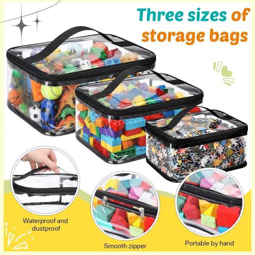 Talltalk 9 Pack 3 Sizes Toy Storage Bags with Labels, Clear PVC Reusable Board Game Storage Containers, Waterproof Toy Organizer Case with Zipper for Building Blocks, Puzzles, Stationery (Black)