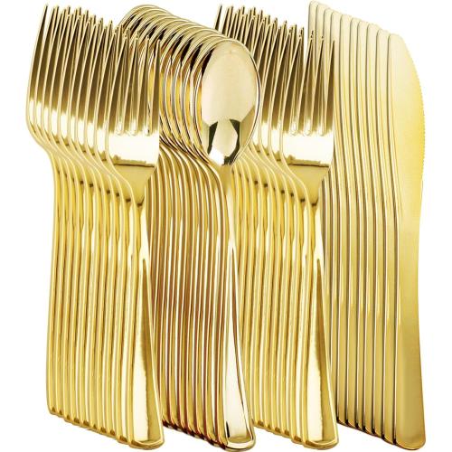 NOCCUR 400PCS Gold Plastic Silverware - Gold Plastic Cutlery Include 200 Forks, 100 Spoons, 100 Knives, Disposable Silverware Perfect for Party&Daily Using