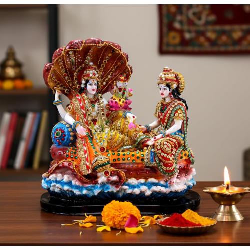 Size 10 eSplanade - Resin Lord Vishnu with Laxmi in Ksheer Sagar - Lakshmi Narayan Murti Idol Statue Sculpture - Pooja Articles - Multicolour - 10 Inches
