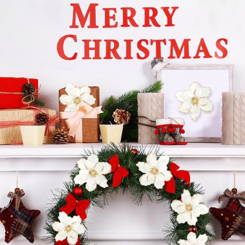 Sggvecsy 10Pcs Christmas Glitter Flowers Christmas Tree Ornaments Artificial Poinsettia Flower Velvet Magnolia Stems Floral Picks for Xmas Wedding DIY Crafts Wreath Party Floral Decorations (White)