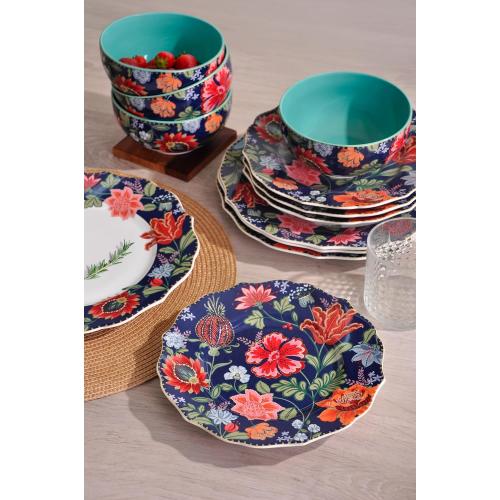222 Fifth 12-Piece Porcelain Dinnerware Set for 4, White & Parisian Blue Plates and Bowls Set with Gold Rim, Glossy Ceramic Dish Set with Detailed Floral Design, Microwave & Dishwasher Safe, Chintz