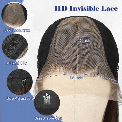 HAIRCUBE 13x6 HD Lace Front Wig Synthetic 22 Inch Dark Brown Highlight Long Wave Layered Glueless Wig for Women, Natural Look Daily Wear