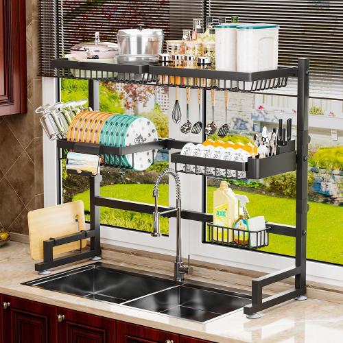 Over The Sink Dish Drying Rack 27-40L x 12W x 32.5-37H (inches) (Expandable Height and Length) Snap-On Design 2 Tier Large Dish Rack