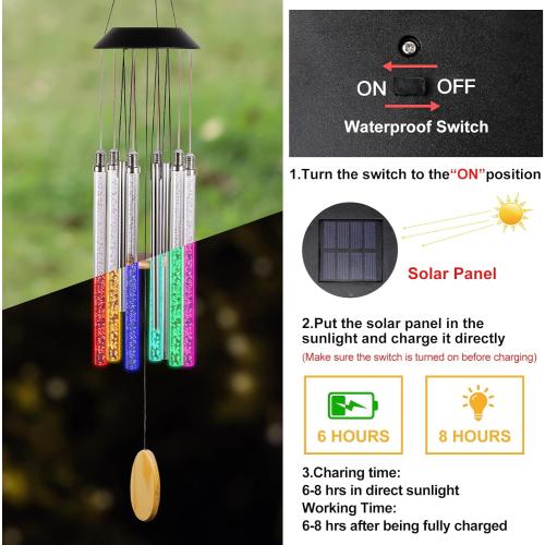 Solar Wind Chimes for Outside, DesGully 6 LED Tubes Color Changing Outdoor Clearance Unique Garden Decor Colorful Patio, Gifts for Her/Him (37 Long)