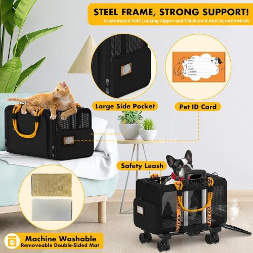 PAWZIDEA Expandable Pet Carrier with Wheels, 18x11x11 TSA Airline Approved Cat Carrier for 2 Cats Under Seat, Soft-Sided Dog Carrier for Small Dogs Rolling Travel Bag w/Telescopic Handle, ID Card