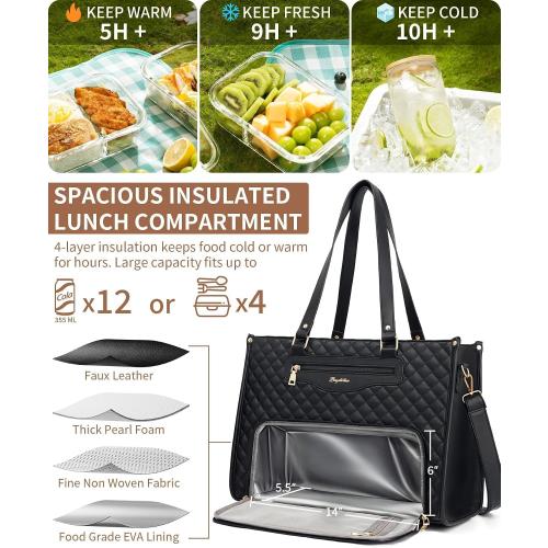 Lunch Tote Bag for Women, 15.6 Inch Laptop Work Bag with Insulated Lunch Box Compartment & Purse Large Capacity Quilted Computer Handbag for Office Business Work Nurse Teacher Travel Casual