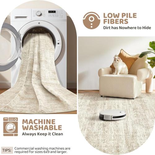Large Area Rug Living Room Rugs - Washable Neutral Modern Abstract Soft Thin Rug Indoor Floor No Slip Rug Carpet for Bedroom Under Dining Table Home Office Decor - Beige/Brown