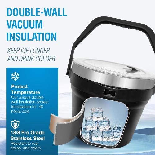 Insulated Ice Bucket with Lid and Scoop - Extra Large Double-Walled Ice Bucket for Parties, Cocktail Bar, Stainless Steel Wine Chiller, Beverage Tub with Handle and Bottle Opener (Black)