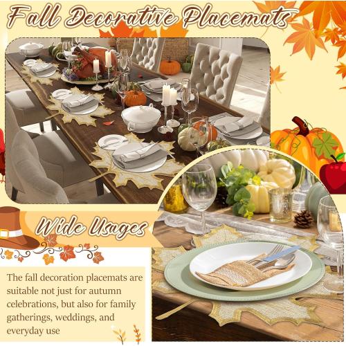 6 Pcs Thanksgiving Maple Leaves Placemats Fall Placemats Thanksgiving Decoration Natural Color Polyester Table Mats for Home Farmhouse Kitchen Vintage Country Table Decoration