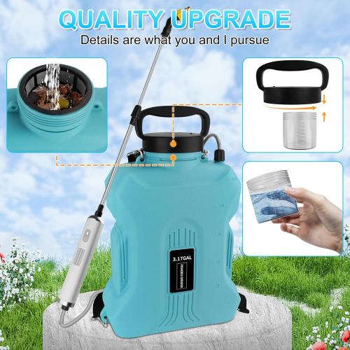 Size 3.17 Gallon Color Blue Battery Powered Sprayer, Backpack Sprayer in Lawn and Garden, Electric Sprayer with 4 Nozzles, Retractable Pole, and USB Charging Handle for Weeding, Watering, and Cleaning