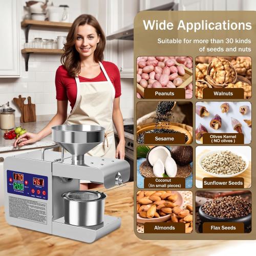 Oil Press Machine, 820W Home Commercial Automatic Oil Press Extractor, Steel Stainless Electric Cold & Hot Press Oil Expeller for Peanut Sesame Soybean Sunflower Seeds Walnuts