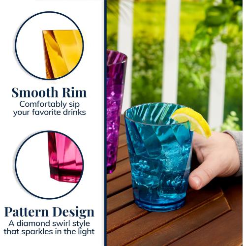 US Acrylic Optix Plastic Reusable Drinking Glasses (Set of 16) 14oz Rocks & 20oz Water Cups in Jewel Tone Colors | BPA-Free Tumblers, Made in USA | Top-Rack Dishwasher Safe