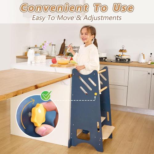Toddler Standing Tower with Safty Rail & Non-Slip Pads, 3 Height Adjustable Toddler Tower with Chalkboard, Great for Kitchen Activities, Hand Washing & Creative Play, Blue